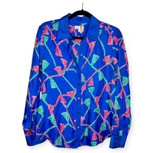 Lilly Pulitzer Blue & Pink Tassels Print Button Down Silk Shirt Women's size 12